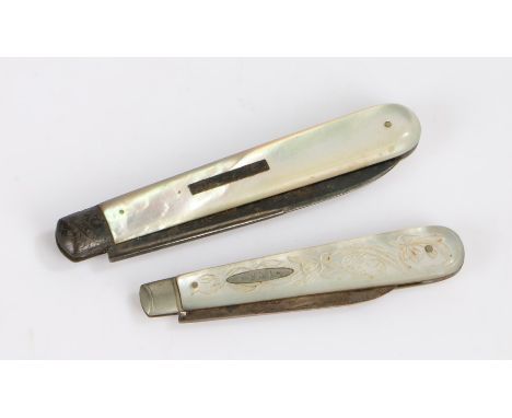 Two Victorian mother of pearl handled silver bladed fruit knives, the first Sheffield 1873, maker&nbsp;Thomas Marples, the ha
