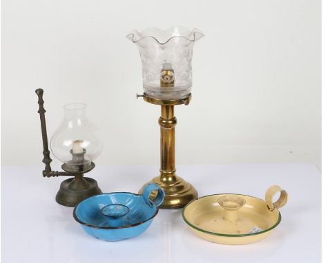 20th Century brass candle lamp, having etched glass shade (AF), 32cm high, together with a brass candle lamp with glass shade