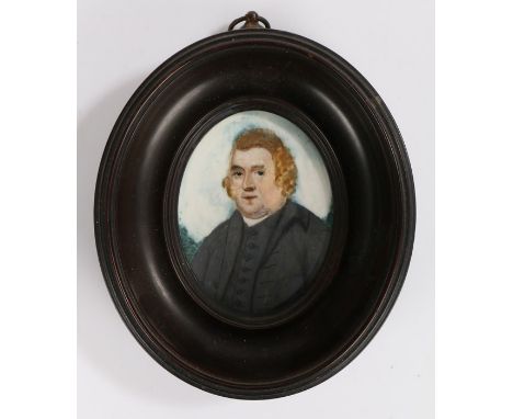 19th Century British school portrait miniature, of a portly man in a black jacket and waistcoat, 9.5cm x 11cm including the f