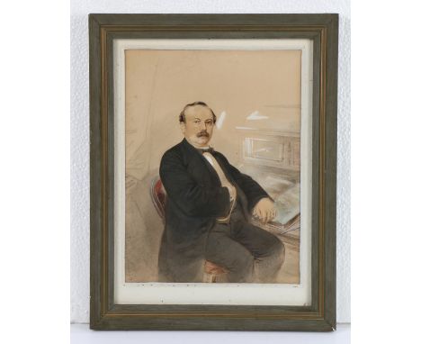 British School, watercolour portrait, of a seated gentleman by a ledger, wearing a black suit and bow tie, with gold watch ch