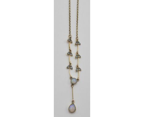 A 9ct gold collar necklace having a repeating leaf design with central opal drop pendant set throughout with opal cabochons. 