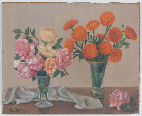 A vintage mid 20th Century Spanish oil on canvas depicting a bouquet of pink roses set within a cut glass vase and a vase of 