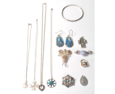 A collection of late 20th Century retro vintage silver and white metal jewellery to include a pair of blue enamel and white m