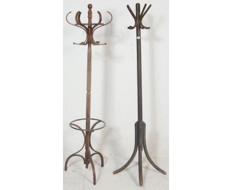 Two early to mid 20th Century retro bentwood hall hat and coat stands. One having slender bentwood branches with walking stic