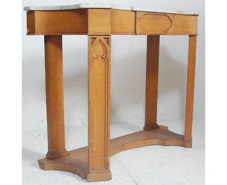 A good 19th century Victorian oak and marble Pugin manner ecclesiastical console&nbsp; / hall table. The oak base with pierce