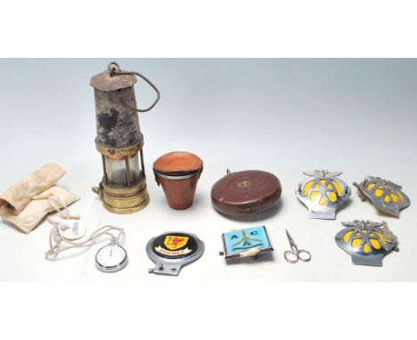 A good collection of items to include a miners brass lamp, vintage Smiths stopwatch complete in the box, Chesterman leather t