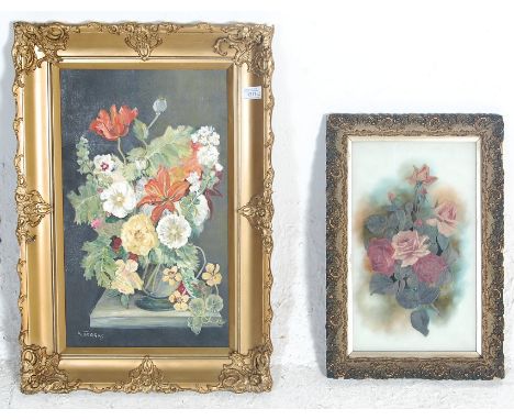 A 19th Century Victorian painting on milk glass depicting a bouquet of roses set within a gilt moulded frame together with an