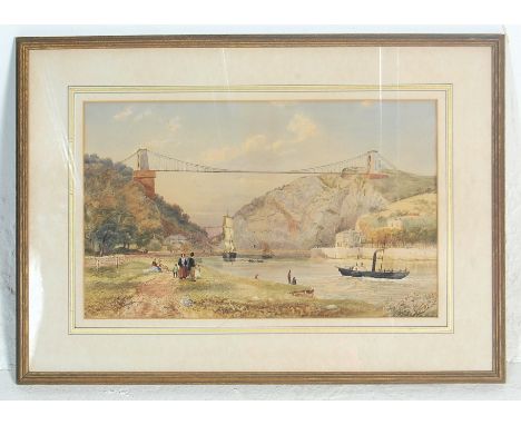 A 19th Century Victorian watercolour painting of The Clifton Suspension Bridge by J Langham. The view is painted from the Lei