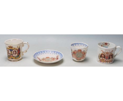 A group of three late 19th / early 20th Century Royal Commemorative porcelain cups and saucers comprising a J Kent Ltd 12th M
