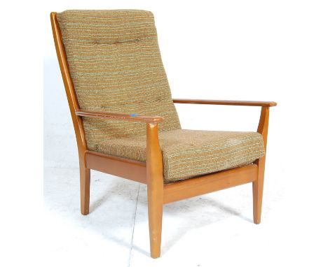 A vintage retro 20th Century Cintique teak framed lounge armchair having a brown upholstered button back seat and back rest w