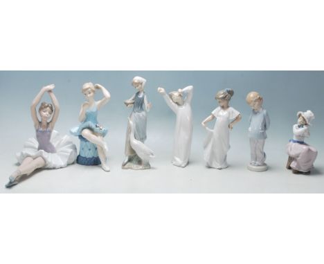 Lladro / Nao - A collection of five late 20th Century Lladro / Nao / Mediflor figurines to include a maid feeding a goose, a 