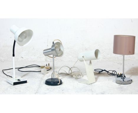 A collection of four vintage retro desk lamps to comprising of a white colour desk lamp with gooseneck and squared base, smal