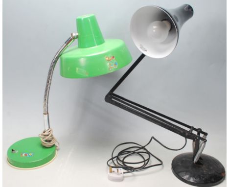 An amazing retro 20th century black anglepoise lamp / desk lamp with circular base, together with a Szavasi green enamel goos