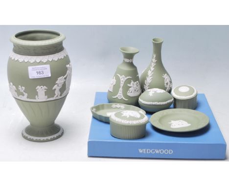 A collection of 20th century antique style Wedgwood Jasperware ceramic to include a plate, vases, pillboxes etc.