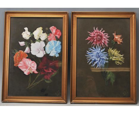 A pair of retro vintage late 20th Century acrylic paintings of blooming flowers having a dark green background with petals co