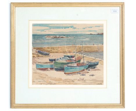 A. L. Searle - a Cornish watercolour on paper painting depicting a group of moored boats on a beach with a sea wall behind. S