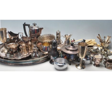 A large collection of assorted silver plate / silver plated wares to include flatware, gallery tray, salver, tea set items an