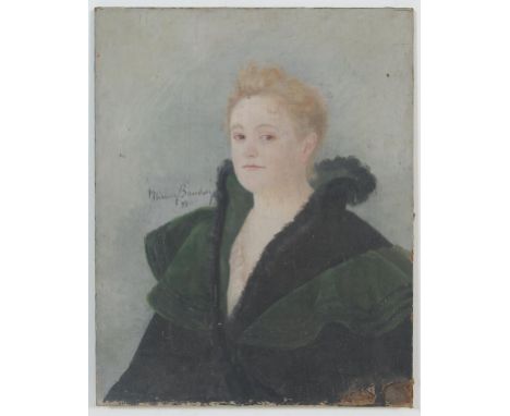 A late 19th Century Victorian portrait oil on canvas painting depicting a seated woman wearing a green dress with feathered c