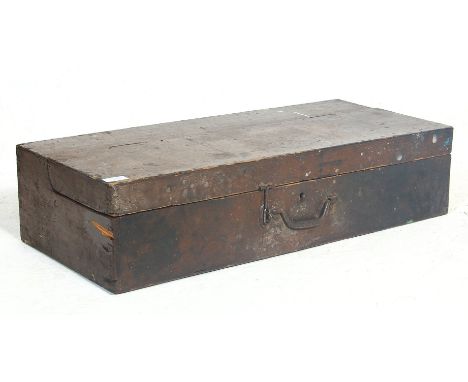 A vintage mid 20th Century pine rectangular toolbox having a hinged lid opening to reveal a spacious interior. Comes with var