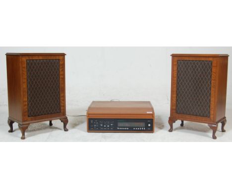 A vintage Dynatron SRX 30C table top record player and tuner having teak wood case with hinged lid together with a pair of wa