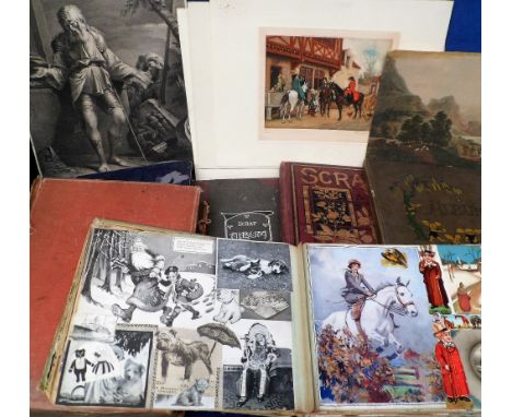 Scraps, a large quantity of early 20thC scraps laid down on individual pages. Subjects include soldiers, comic, animals, blac