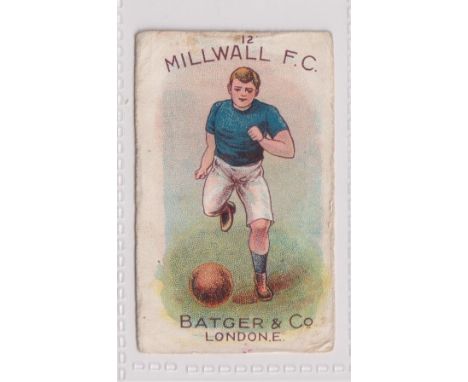 Trade card, Batger, Well Known Football Clubs, type card, no 12 Millwall (slightly grubby, some light creases, stamped to bac