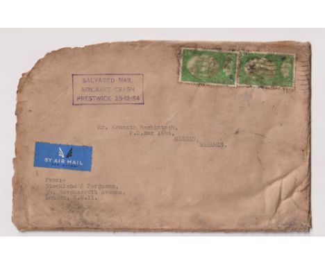 Stamps, Salvaged Mail, envelope bound for the Bahamas found in the wreckage of The Prestwick Aircrash Christmas Day 1954. Thi