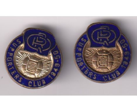 Football badges, two 1949 QPR Supporters Club enamel badges, pin backs, with impressed name David S. Shure &amp; Co London (g