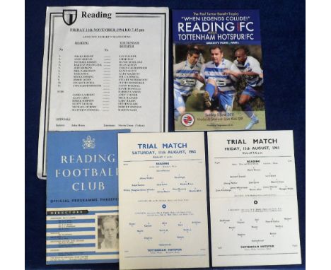 Football programmes, Reading v Tottenham Hotspur, 5 home programmes, Friendlies 11 Aug 1961 &amp; 11 Aug 1962 (both 4-page is