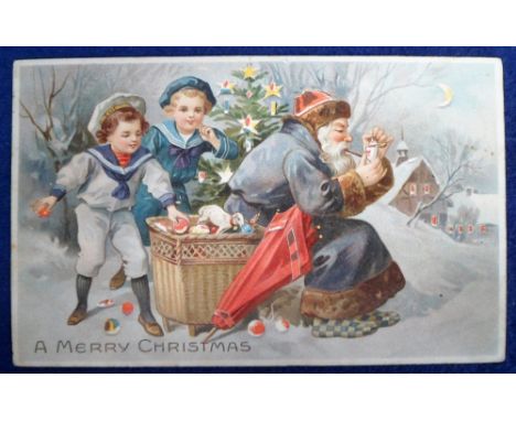 Postcard, a fine scarce Santa hold-to-light showing 2 children looking into Santa's box of toys while Santa has a break to li