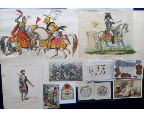 Russian Ephemera, vintage labels, postcards, prints inc. hand coloured print 'Alexander 1st Emperor of All The Russians' publ
