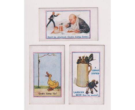 Cigarette cards, Prudhoe, Army Pictures, Cartoons etc, three type cards, 'Grub's Going Up', 'A German Surprise La (r ) ger Be