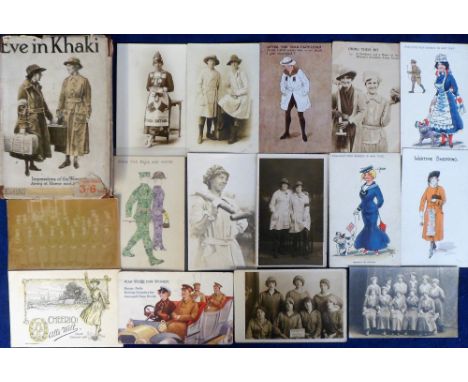 Postcards, a good collection of 31 cards of women at work inc. Land Girls, Clippies, women in fancy dress, stamp montage, com