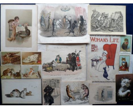 Ephemera, Cats, Victorian greetings cards, post cards (1 mechanical), 1905 cat pedigree form, prints 1817 inc. cats playing d