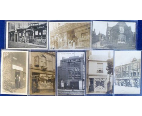 Postcards, a selection of 8 shop fronts inc. J Hillman's Stores Birmingham (printed), W Allen, John's St Nottingham (RP), G E