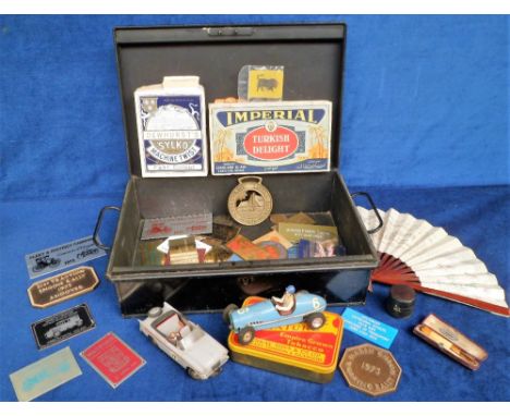 Ephemera, vintage security box containing advertising boxes (Imperial Turkish Delight and Sylko), 2 Scalextric style cars, ca