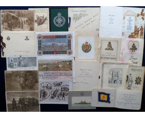 Military Christmas Cards, various styles, mainly WW1 inc. Rev. L. Mann H.M.S. Conqueror 1918, Mechanical Transport Aiden 1917