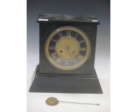 A Victorian slate mantle clock with blue enamel dial, 30 x 32 x 16cm