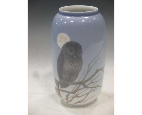 A Royal Copenhagen porcelain vase decorated with a moonlit owl, 21cm high