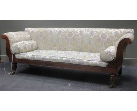 William IV mahogany frame sofa with lyre shaped out scrolling arms 75 x 220 x 75cm