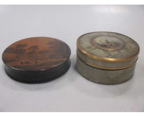 An 18th century tortoiseshell and banded snuff box centered with a painting of a ship unloading at low tide, 8cm diameter tog