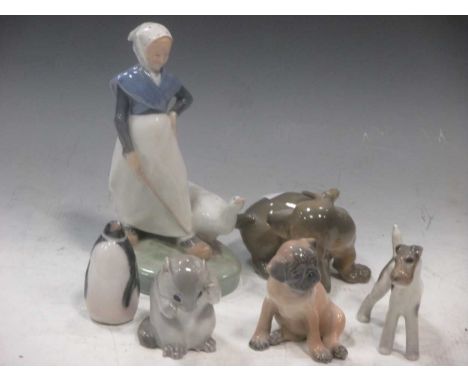 Various Royal Copenhagen figures to include girl with goose, a puppy, mouse, penguin and two dogs (6)