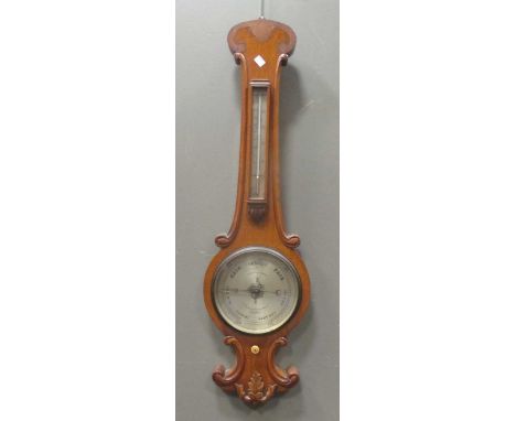 A late Victorian carved oak banjo barometer, 93cm, with silvered dial inscribed for Negretti &amp; Zambra (damage and losses)