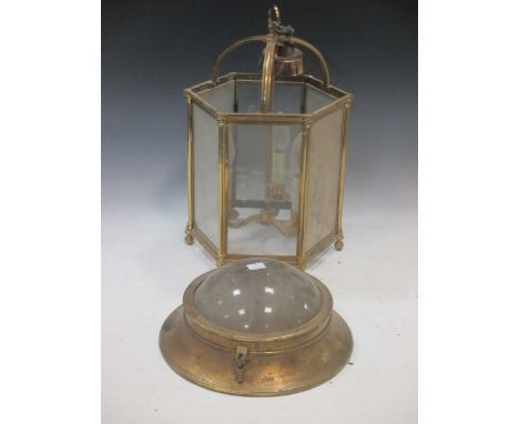 A 20th century brass hall lantern 41cm high, a ceiling light and various folding lightsFootnote: Provenance: Julians Park, He