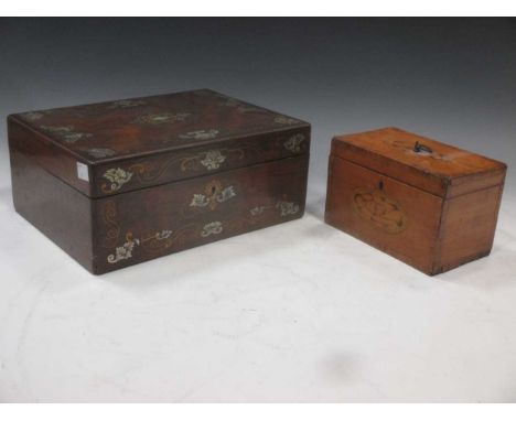 A George III fruitwood tea caddy, 18cm wide, together with a Victorian rosewood and mother of pearl inlaid sewing box 30cm wi