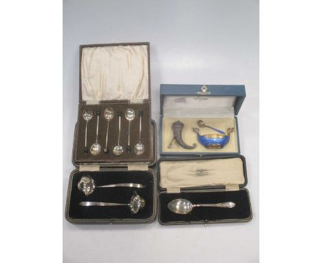 Magnus Aase, a Norwegian metalwares cased condiment set, a cased pair of sauce ladles, a cased spoon and a set of six silver 