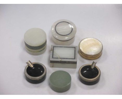 A snuff box with a mother of pearl lid together with four various hardstone boxes and a pair of glass ashtrays (qty)Footnote: