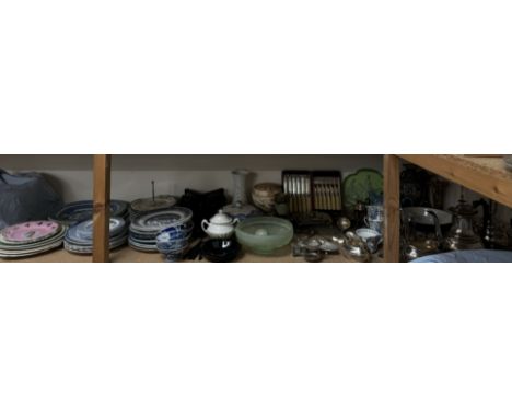 An electroplated four piece tea service together with assorted pottery plates, glass bowls, treen, Mdina glass vase etc