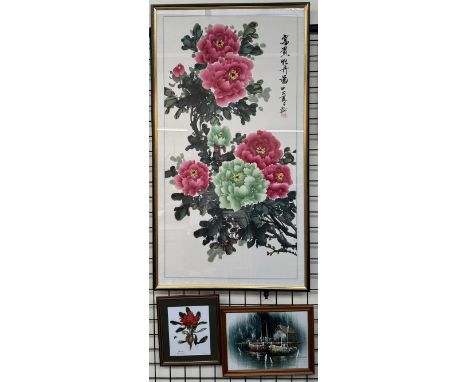 A large Oriental watercolour of flowers and leaves with text and seal mark, 128 x 64cm together with an oil painting of a Chi