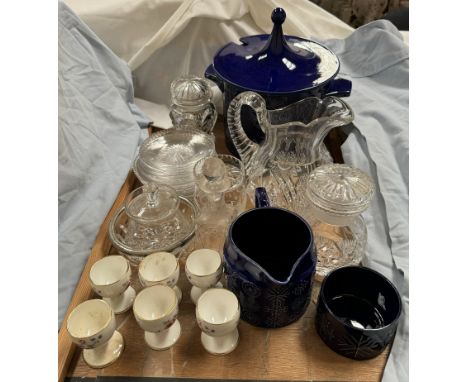 A Portmeirion Totem pattern storage jar together with a jug and basin, glass jug, glass dishes, egg cups etc 